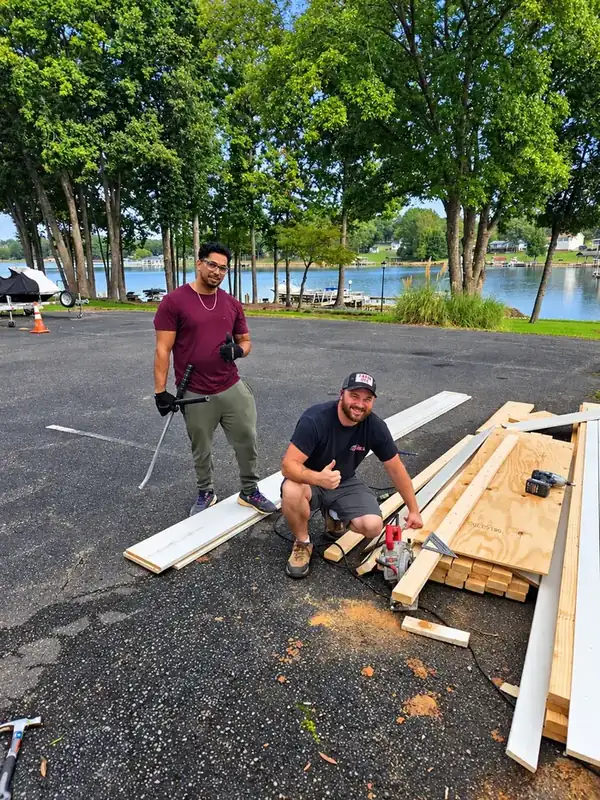 Jon and Ray cutting lumber on a job