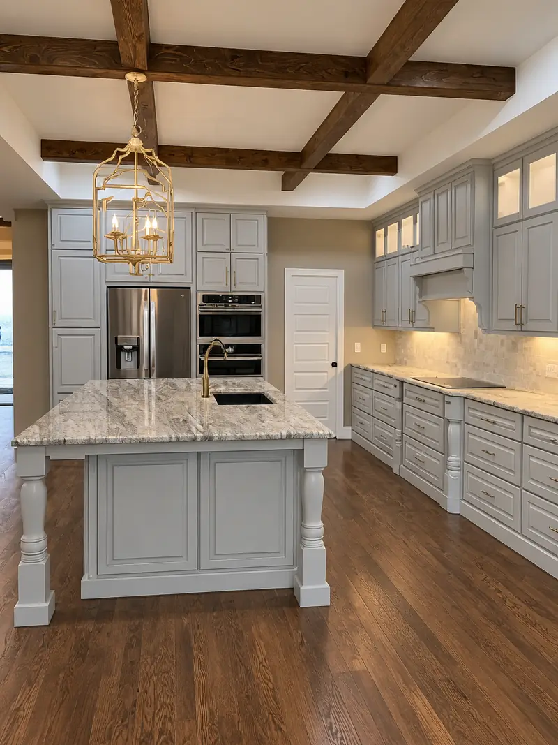 Kitchen with gray cabinets, ceiling beams and a marble island