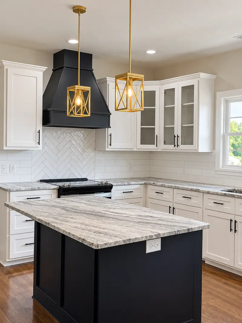 Kitchen with a navy island, black range hood and gold pendant lights