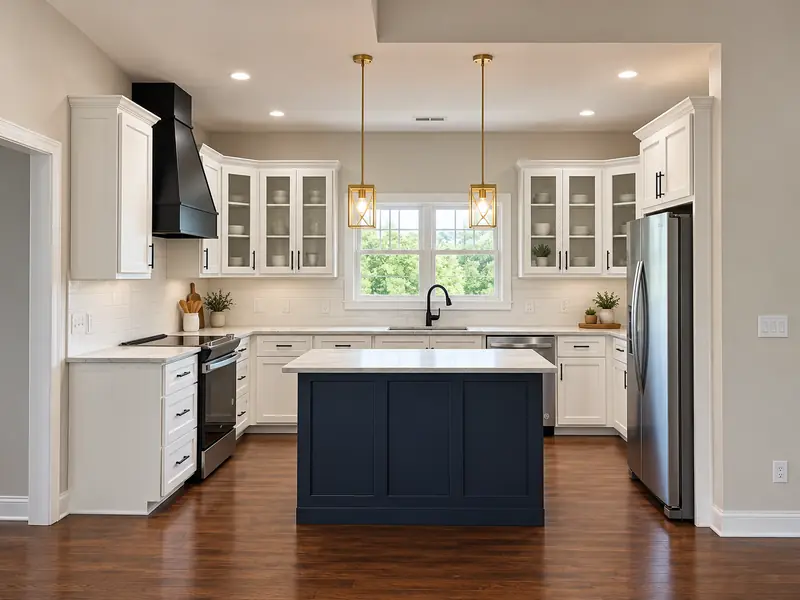 Wide view of a kitchen with a navy island and black range hood