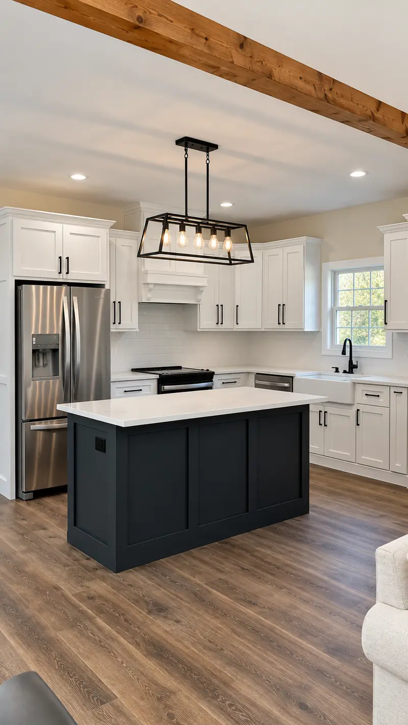 Kitchen with white cabinets, a black island and a wood ceiling beam