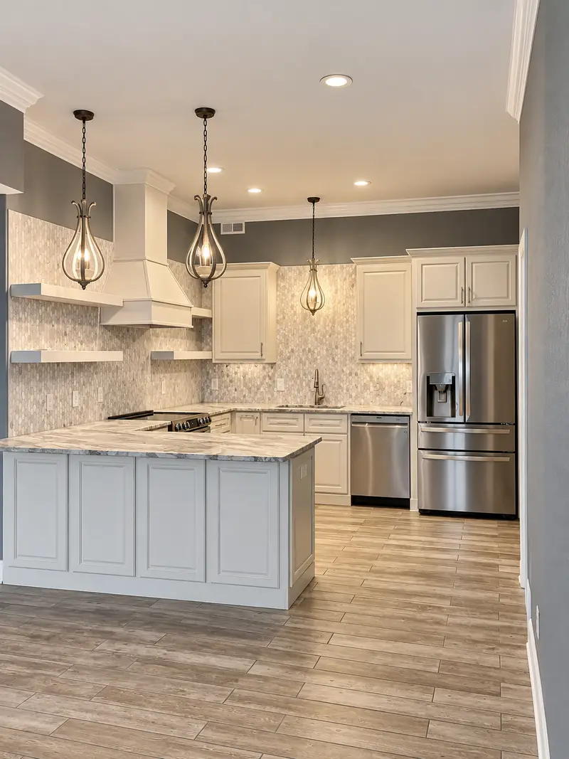 Kitchen with a white island and floating shelves