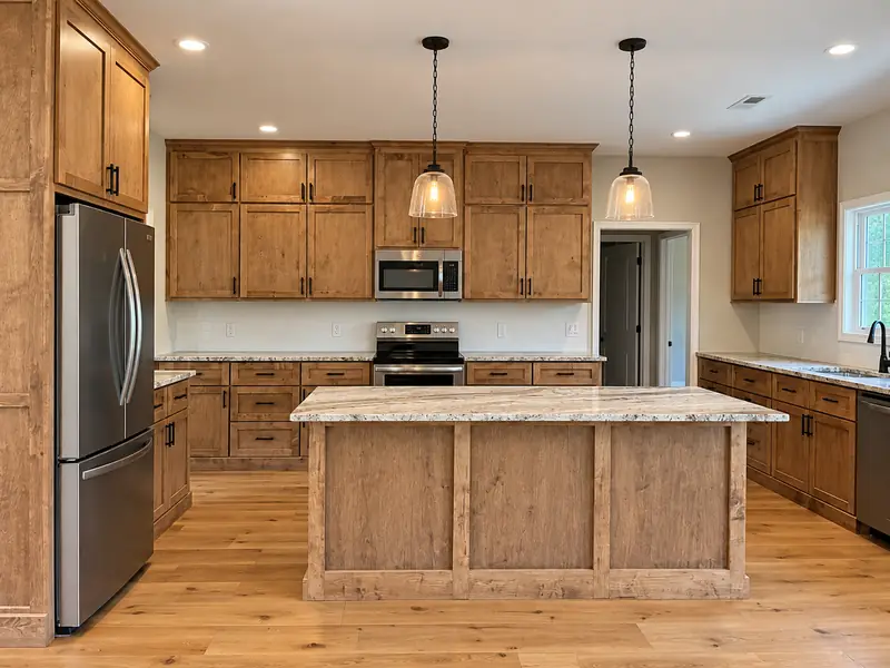 Kitchen with wood cabinets and a rustic island
